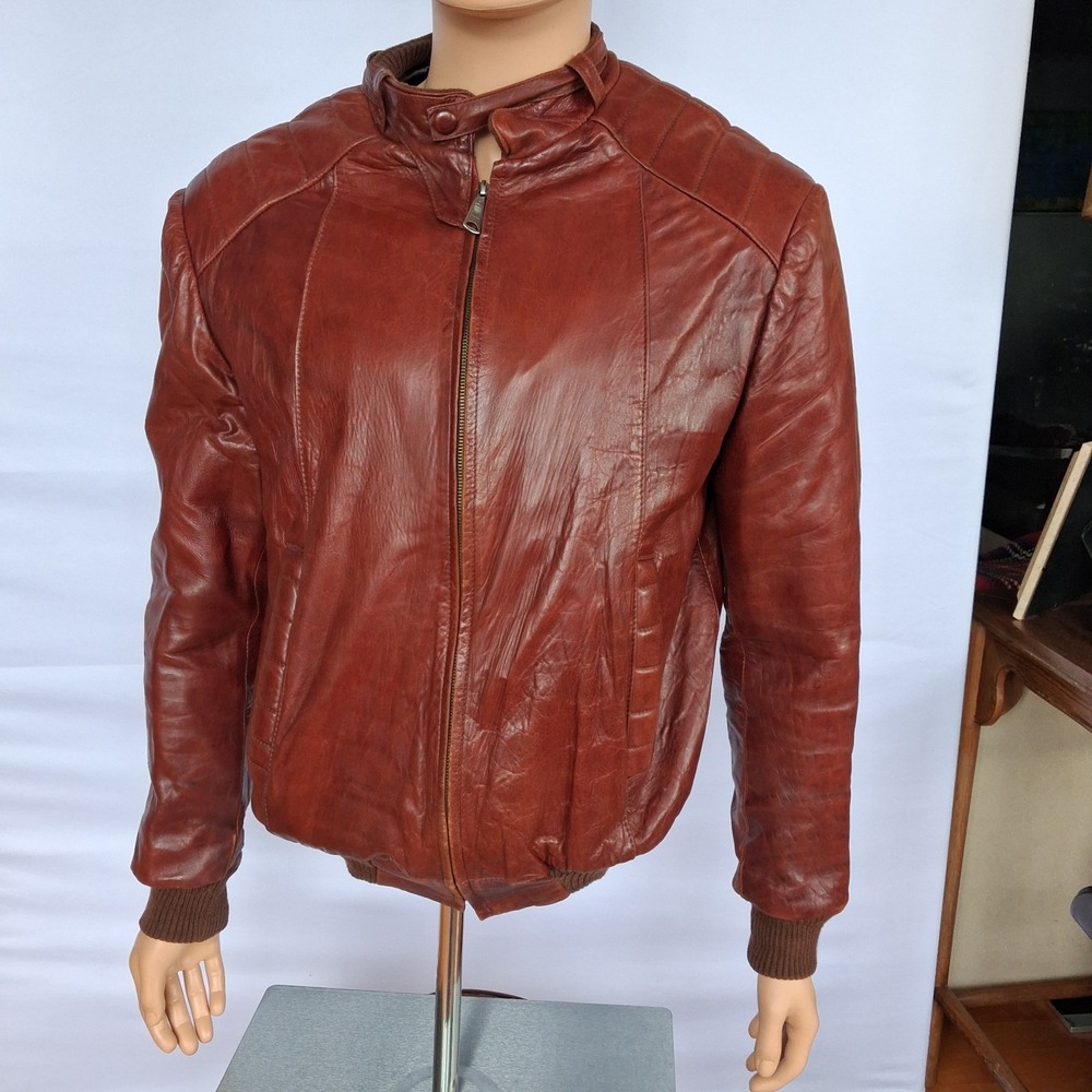 Motorcycle reddish-brown bomber vintage calf leather jacket size: M hand made